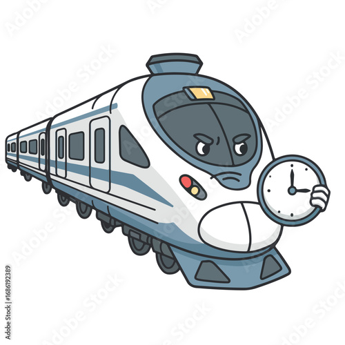 Cartoon train holding a clock featuring white and blue colors