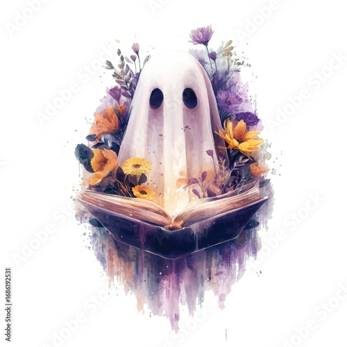 Watercolor Ghost Reading Book with Flowers Illustration