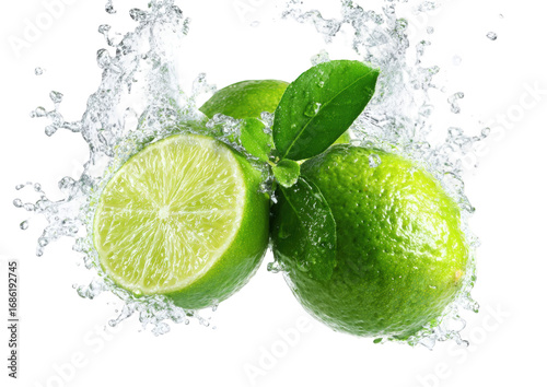 Fresh limes in water splashes