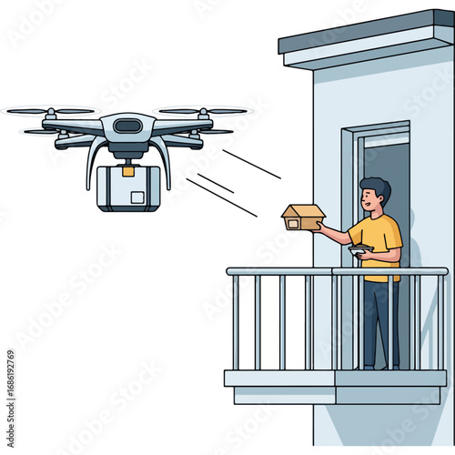 Drone delivery service: A drone is quickly and efficiently delivering packages to the balcony of a multi-story building. Suitable for e-commerce and logistics campaigns.