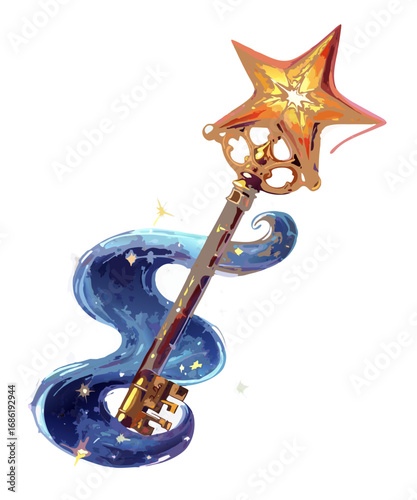 Magical golden key with a star at the top swirling with cosmic blue energy and stars isolated on transparent background
