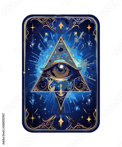 Mysterious all seeing eye within a triangle adorned with ornate golden swirls and stars isolated on transparent background