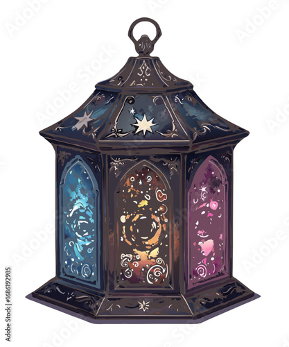 Ornate hexagonal lantern with celestial patterns and glowing colorful glass panels isolated on transparent background