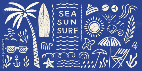 Collection of hand drawn summer beach icons and elements with sea sun surf text on blue background