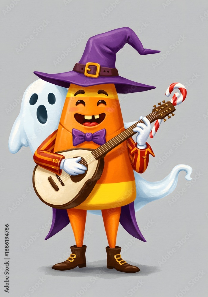 Obraz premium Cute Candy Corn Character Playing Guitar with a Ghost and Candy Cane