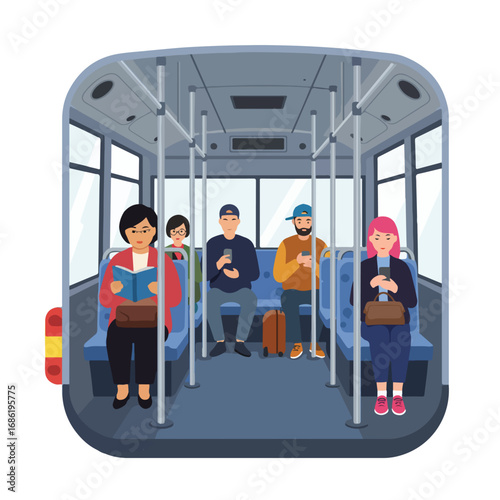 Illustration of a bus interior with five people seated One reads a book the others use phones Windows and poles present