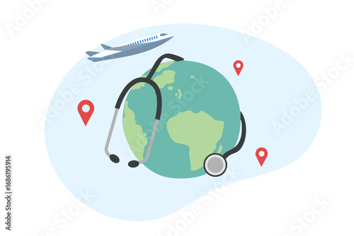 Medical tourism concept, Stethoscope, passport, airplane and pinpoint on global. Going to travel abroad for medical treatment vector illustration