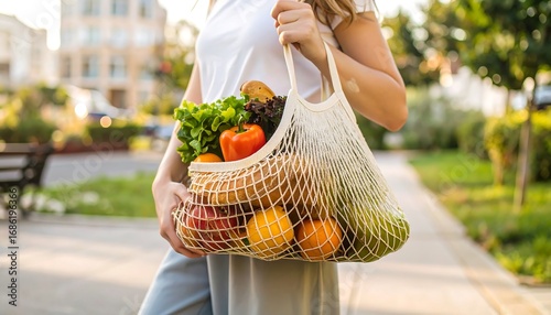 Woman carrying a reusable grocery bag filled with fresh produce
