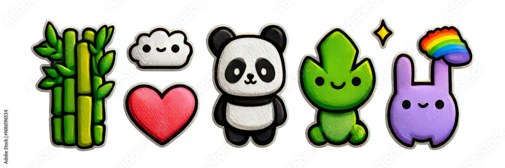 Naklejka premium Cute Colorful Icons Featuring Panda, Heart, Cloud, and Bamboo Design