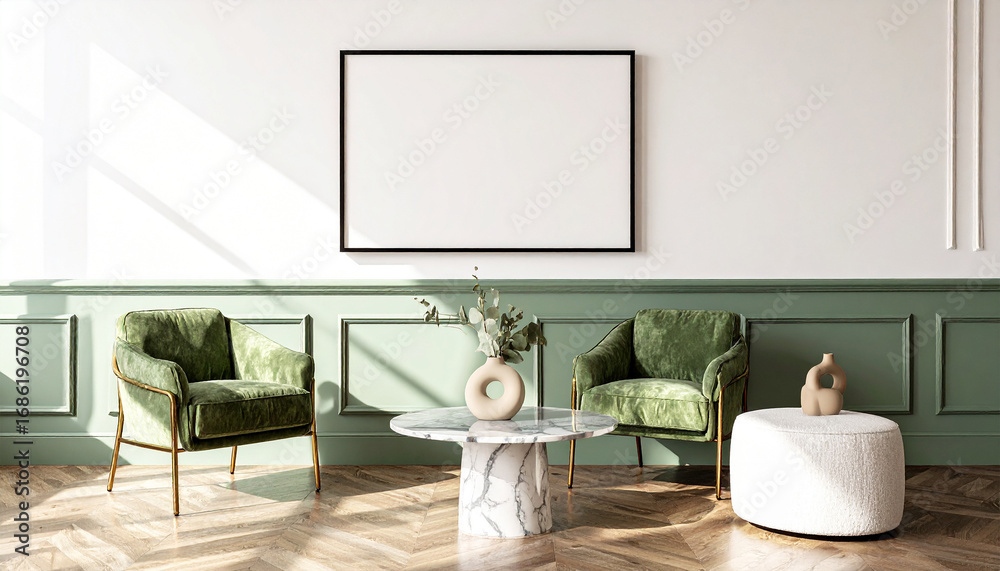 Fototapeta premium Mockup poster frame Contemporary Living Space with Art: A sophisticated living room showcases a modern aesthetic, featuring plush green armchairs, a marble coffee table.