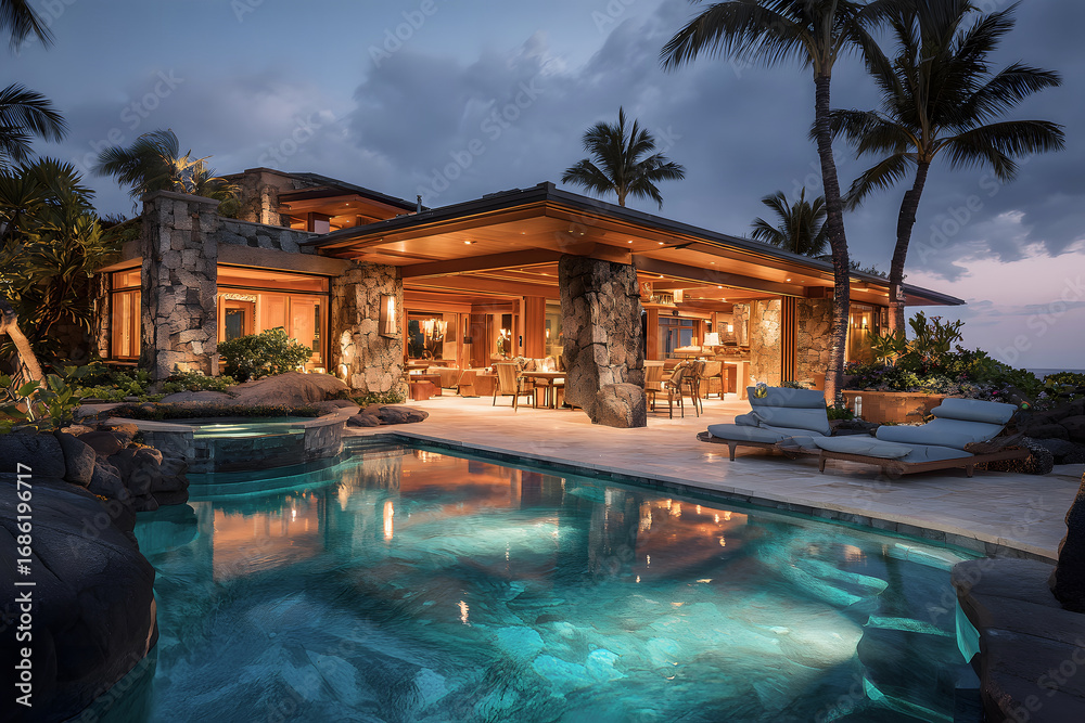 Fototapeta premium Luxurious tropical villa with infinity pool at twilight, perfect for relaxation