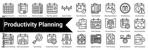 Productivity Planning Icon Collection and Set Containing: Calendar Overview  ,Daily Planner  ,Weekly Schedule  ,Monthly Agenda  ,Yearly Timeline  ,Event Reminder  ,Task Checklist  ,Meeting Scheduler  
