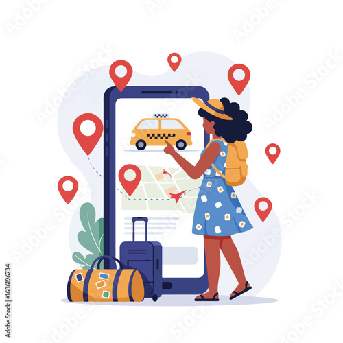 Illustration of a woman using a taxi app on a smartphone Luggage and location markers are visible