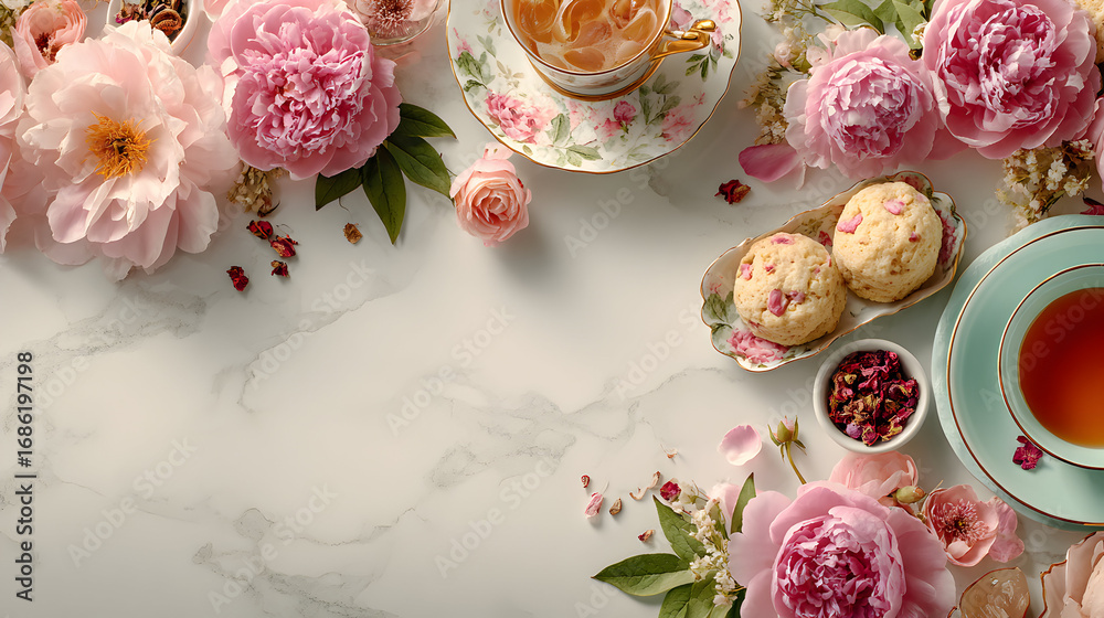 Fototapeta premium Pink peonies, teacups, and cookies arranged on a marble surface.