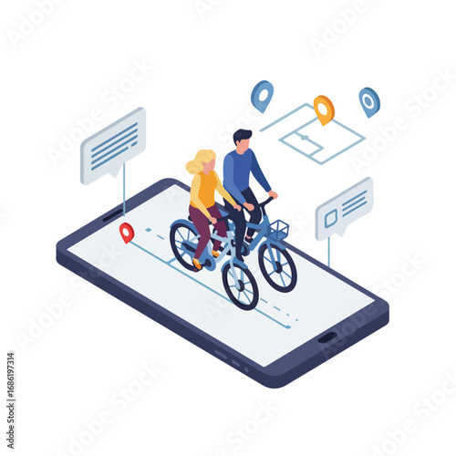 Isometric illustration of two people riding a bicycle on a smartphone screen with location icons and speech bubbles