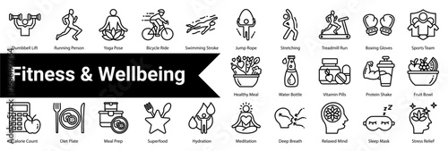 Fitness & Wellbeing Icon Collection and Set Containing: Dumbbell Lift  ,Running Person  ,Yoga Pose  ,Bicycle Ride  ,Swimming Stroke  ,Jump Rope  ,Stretching  ,Treadmill Run  ,Boxing Gloves