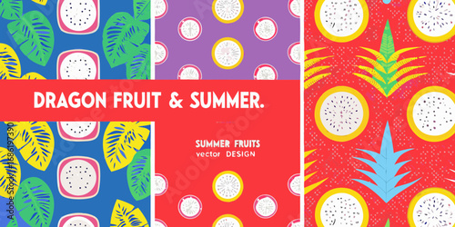 Vibrant dragon fruit and tropical leaves summer pattern design with bold text