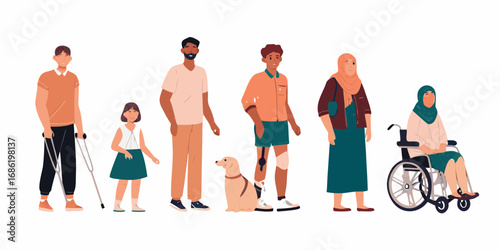 Diverse group of people with disabilities and a service dog standing together