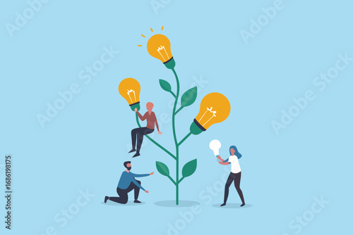 Teamwork and collaboration nurturing bright ideas and innovation symbolized by a growing plant with lightbulbs