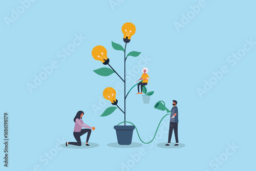 People nurturing a plant with light bulbs symbolizing growth of ideas and innovation