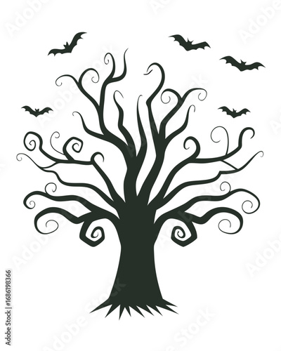 Spooky Silhouette Tree with Bats for Halloween Illustration