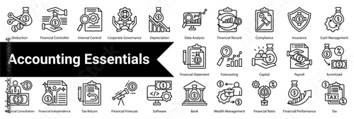 Accounting Essentials Icon Collection and Set Containing: Deduction  ,Financial Controller  ,Internal Control  ,Corporate Governance  ,Depreciation  ,Data Analysis  ,Financial Record  ,Compliance 