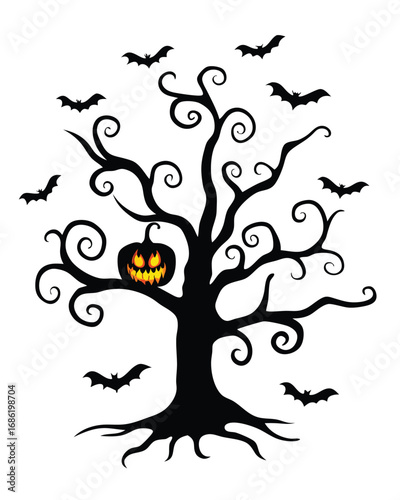 Spooky Halloween Tree Silhouette with Bats and Jack o Lantern Illustration