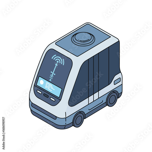 Isometric view of a selfdriving pod car with rounded edges Features a display wheels and a signal symbol