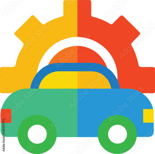 Flat design icon of a car with a gear mechanism behind it
