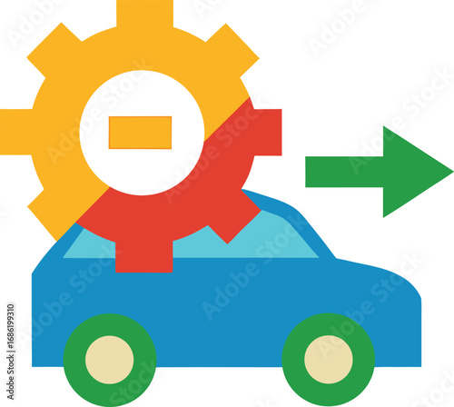 Flat design icon of a car with a gear and arrow