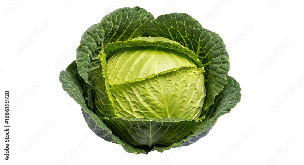 Obraz premium Vibrant fresh green cabbage head, perfect for healthy eating campaigns, vegan recipe blogs, organic produce promotions, grocery store flyers, and plant-based diet content,