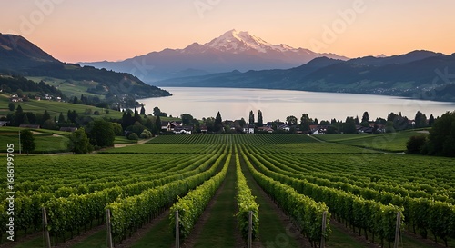 Wallpaper Mural Picturesque Vineyard Landscape with Lake and Snow Capped Mountain Background Under a Soft Sunset Sky Ideal for Travel and Wine Tourism Content Torontodigital.ca