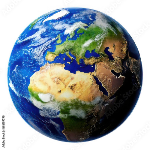 Earth globe, Africa and Europe view 3d rendered, isolated on white and transparent background.