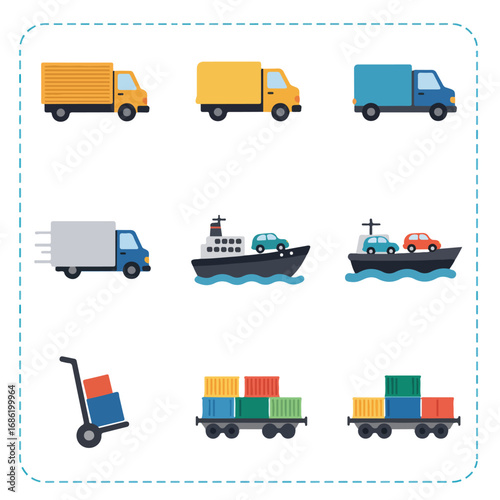 Nine icons featuring various transportation methods including trucks ships hand truck and train cars all within a dashedline square