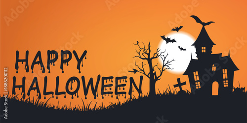 Eerie Halloween Night Scene with Spooky House and Bats