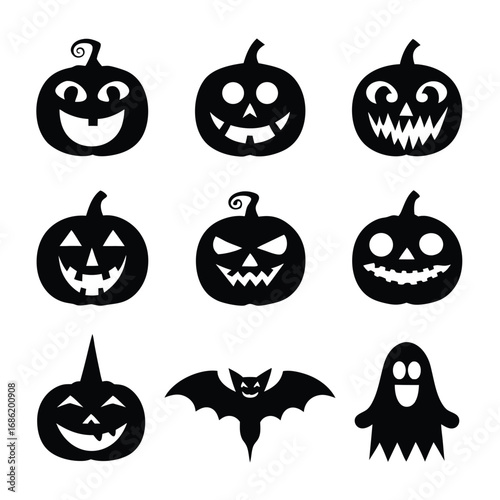 Silhouetted Halloween Pumpkins Bat and Ghost Icons Vector Spooky and Festive