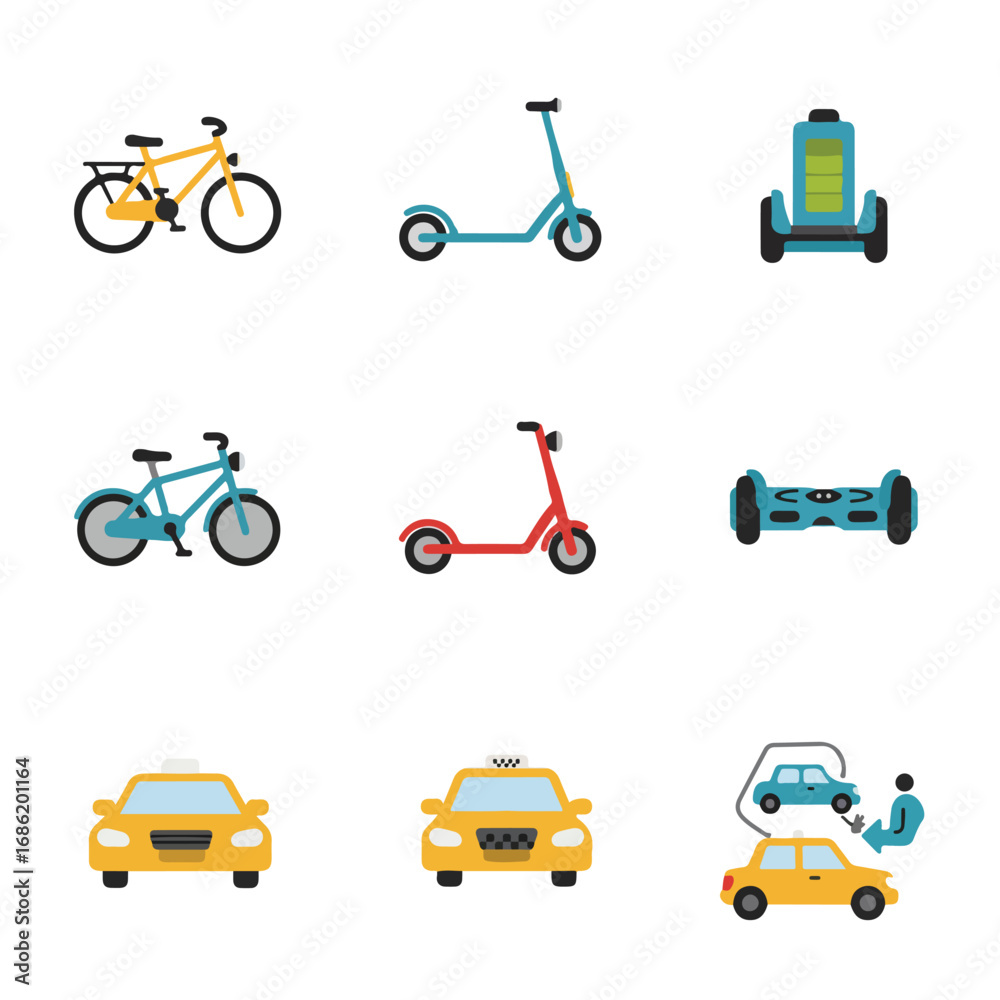 Naklejka premium Nine vector illustrations of transport vehicles bikes scooters hoverboards and taxis