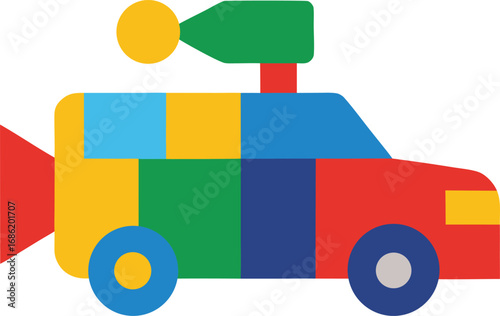 Colorful toy car with blocks and a red tailpipe