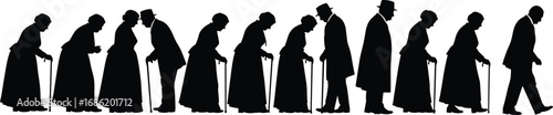 Silhouette vector set of elderly people walking with canes, aging posture and movement, senior citizens, isolated on white background