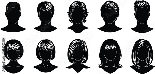 Silhouette vector set of male and female hairstyles, modern haircuts collection, fashion hair design icons, isolated on white background