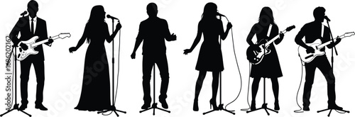 Silhouettes of band performing on stage, male and female musicians, guitarists and singers, live music concert, black and white vector.