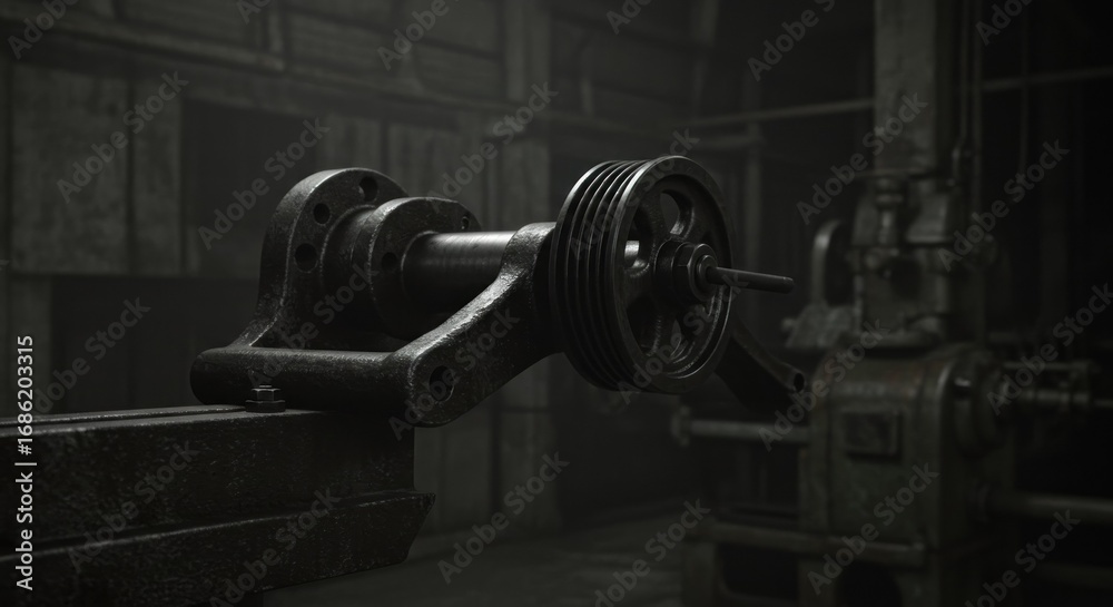 Fototapeta premium A close-up of intricate industrial machinery parts, showcasing a dark, aged, and detailed metal gear assembly in a dimly lit factory setting.