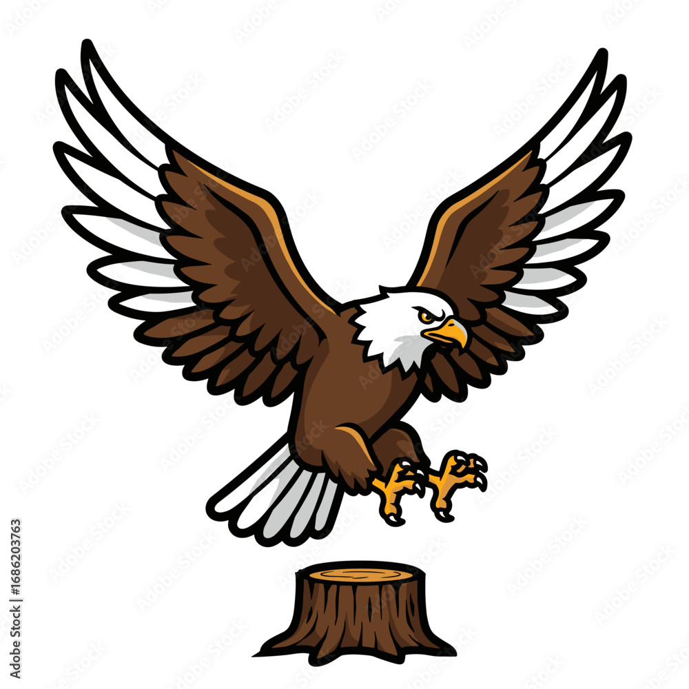 Obraz premium Cartoon bald eagle perched on tree stump