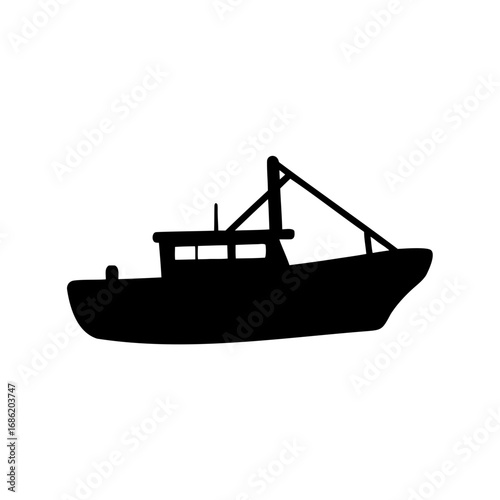 Silhouette of a sturdy fishing vessel with rigging, ready for the open sea