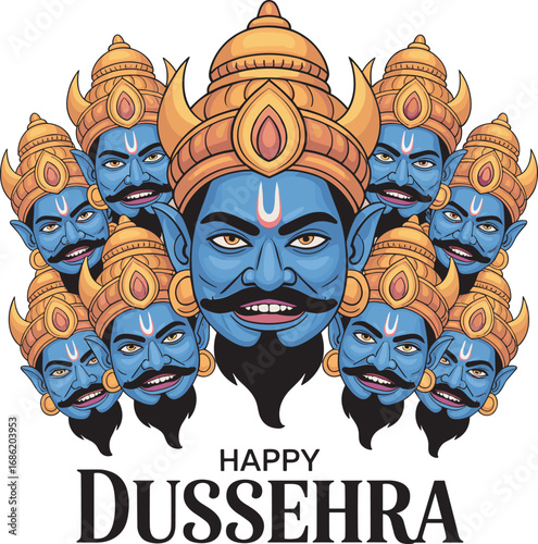 Happy Dussehra Illustration of Ravana with Ten Heads on Transparent BG