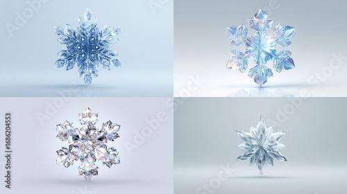 Four translucent, detailed snowflakes on a light gray background, each with unique crystal-like patterns