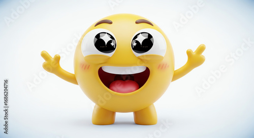 Vibrant 3D yellow emoji character with sparkling eyes rosy cheeks wide smile and welcoming raised arms.