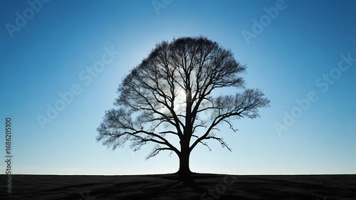 Silhouette of a lone tree against a clear blue sky in minimalistic natural landscape.