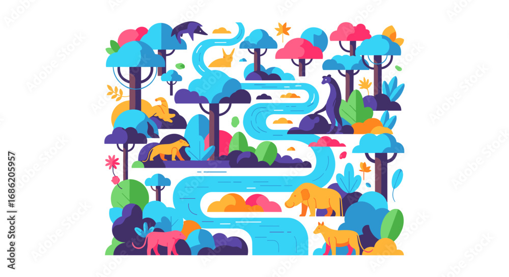 Fototapeta premium Colorful cartoon landscape with animals and a winding river