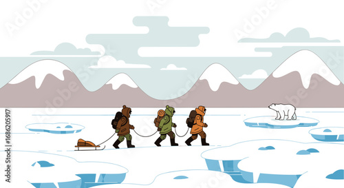 Three explorers trek across the arctic landscape with a bear